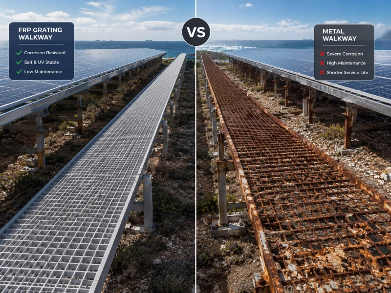 Napa FRP Grating minangka Bahan Paling Apik kanggo PV O&M Walkways (FRP Solar Grating vs Metal)