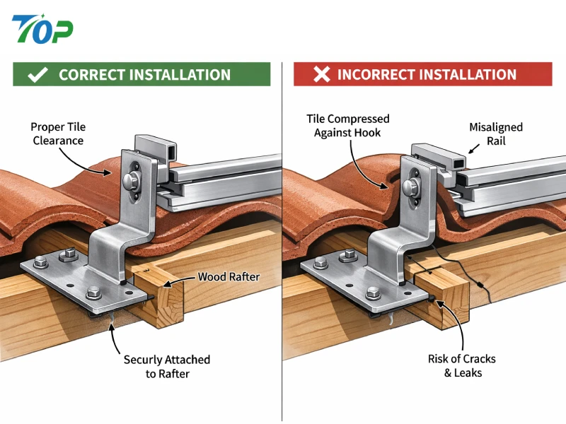 Side-by-side comparison of correct and incorrect solar roof hook installation on tile roof, based on reference image