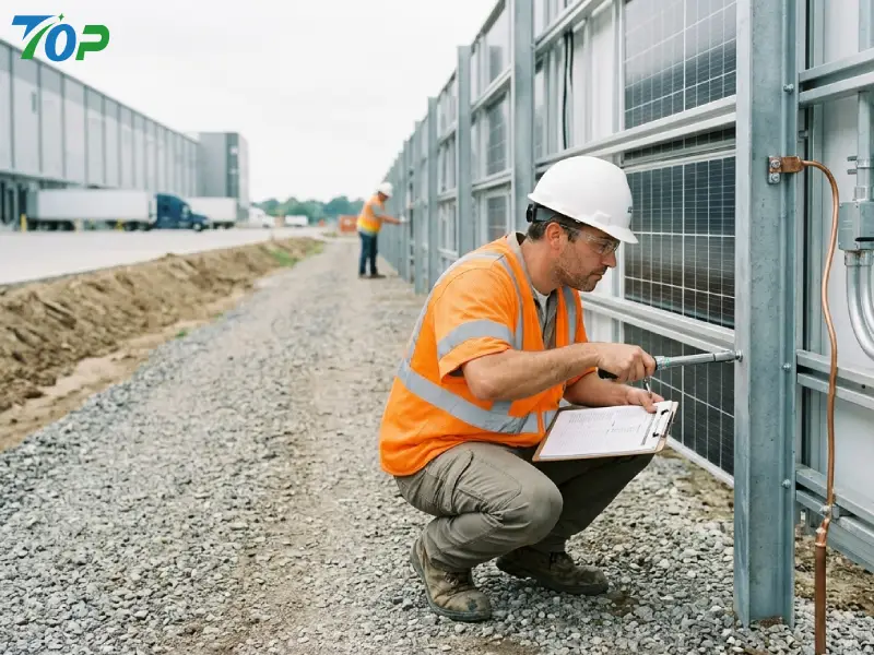EPC engineer inspecting industrial solar fence installation and cable routing system